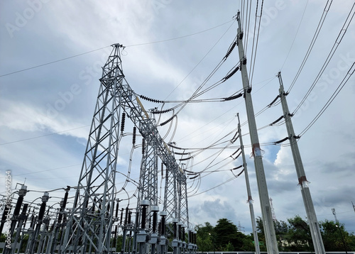 Take-off structure tower and switchyard in the substation.