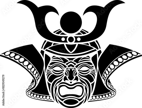 Bold black silhouette illustration of a samurai mask and helmet. Traditional Japanese warrior design ideal for tattoo art, vector graphics, logos, or cultural and historical artwork.
