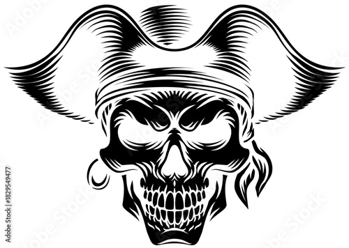 A pirate skull in a captain hat skeleton vintage woodcut style design
