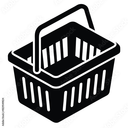 Single shopping basket with handle is shown in black and white simple vector