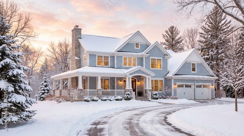A beautiful suburban home covered in fresh snow at dusk