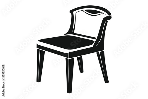 An elegant black chair stands alone, showcasing its simple design against a white backdrop