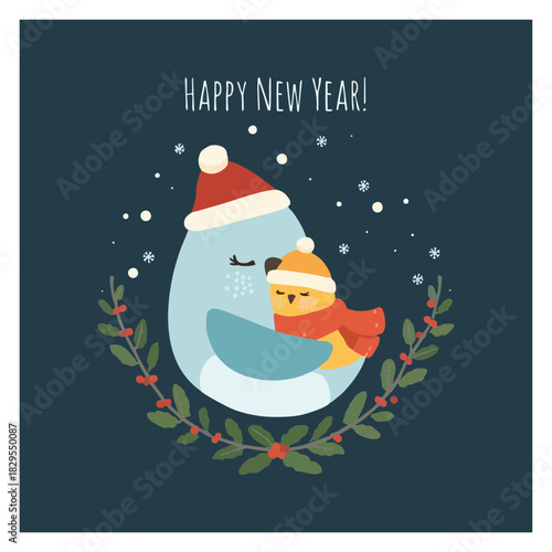 A Warm Winter Hug Bird Family Celebrates Happy New Year