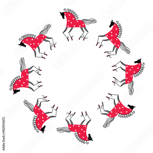 Red horses galloping in a circle. Wreath. Decorative frame.