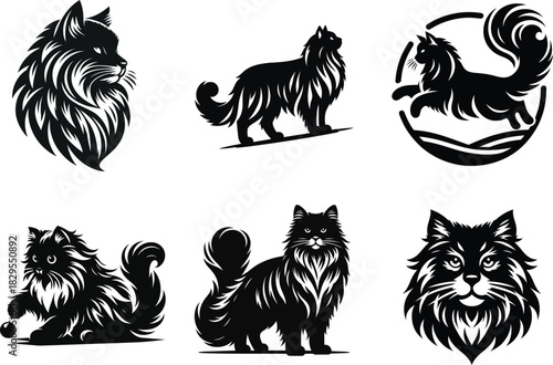 Artistic Siberian cat silhouette set illustrating natural feline movements for decorative creations .