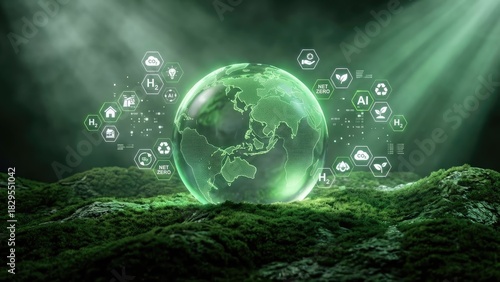 Glowing earth globe surrounded by net zero and hydrogen energy icons on a mossy green surface