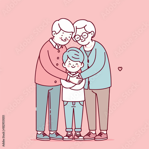 Happy Grandparents Hugging Grandchild Flat Vector