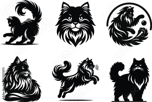 Elegant Siberian cat silhouette set featuring detailed feline poses for creative artwork projects .