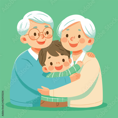 Happy Grandparents Hugging Grandchild Flat Vector