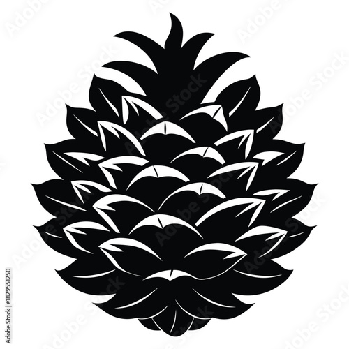 A solitary stylized pine cone with layered scales displayed in a bold black silhouette