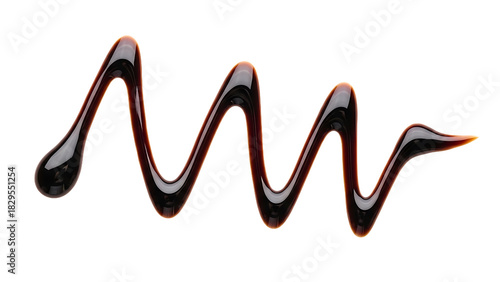 Dark and rich balsamic glaze artfully drizzled in a decorative swirl on a white background