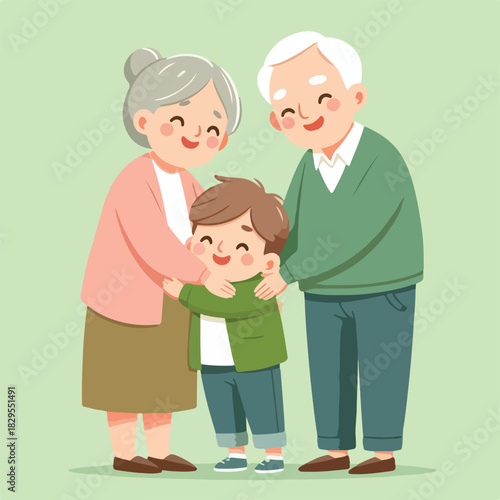Happy Grandparents Hugging Grandchild Flat Vector