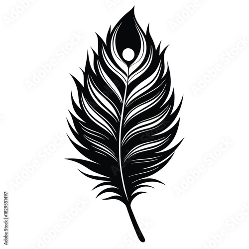 Ornate peacock feather is presented in monochrome, featuring detailed eye motif at the top