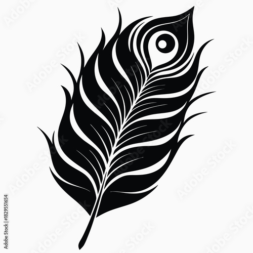 Isolated black peacock feather features an intricate eye pattern, standing out on a white background