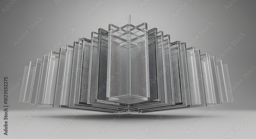 Obraz premium Abstract Geometric Structure with Metal Mesh and Glass Panels in Gray Tones.
