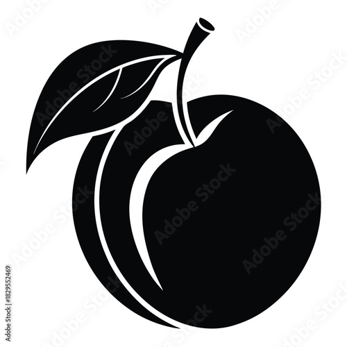 Black silhouette of an isolated plum with a leaf creates simple elegance