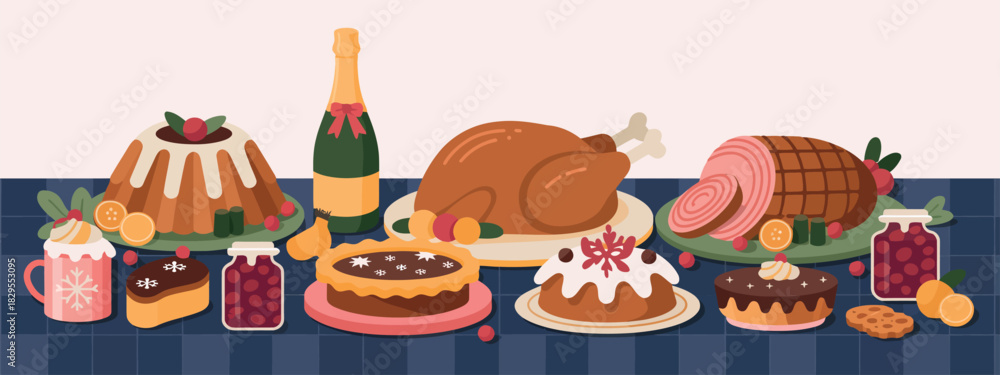 Obraz premium Christmas dishes on holiday table with traditional winter feast. Traditional food, served meals, drinks for winter feast. Xmas dinner with roasted turkey, ribs, pudding, cake, bakery, champagne.