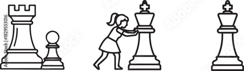 Chess Pieces and a Girl Pushing a King Icon rook pawn