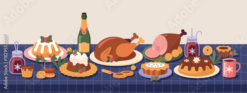 Christmas Dishes Holiday Table, Traditional Food, Winter Feast Xmas Dinner Vector
