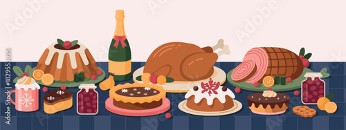 Christmas dishes on holiday table with traditional winter feast. Traditional food, served meals, drinks for winter feast. Xmas dinner with roasted turkey, ribs, pudding, cake, bakery, champagne.