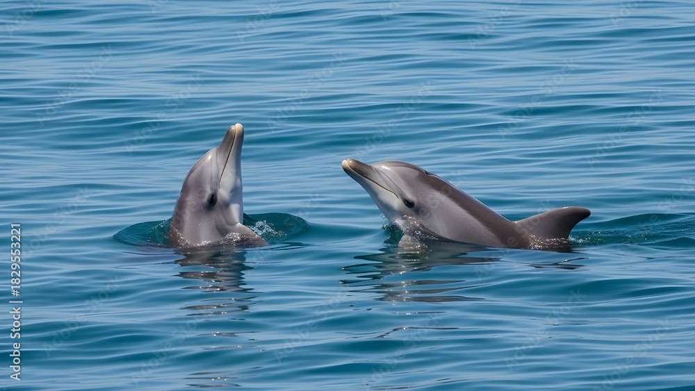 Naklejka premium A pair of dolphins swimming playfully near the water’s surface in a calm, clear blue ocean.