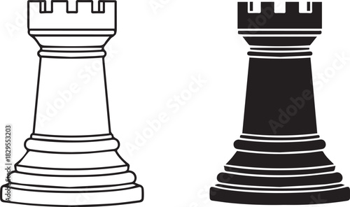 Outline and Solid Black Rook Chess Piece Icons castle