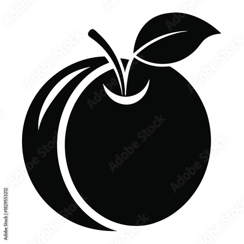 The apple with a stem and a leaf appears in a solid black silhouette