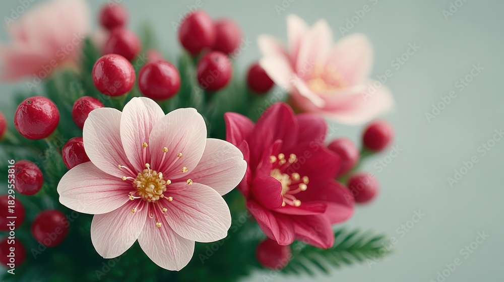 Fototapeta premium A bouquet of pink flowers with red berries