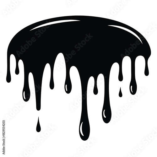 Globs of thick black fluid drips downward in a cartoonish, visually striking way