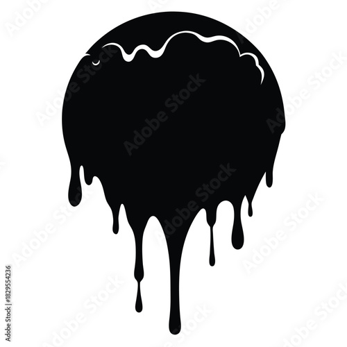 Black viscous liquid cascades down from a thick round shape above, creating irregular drips