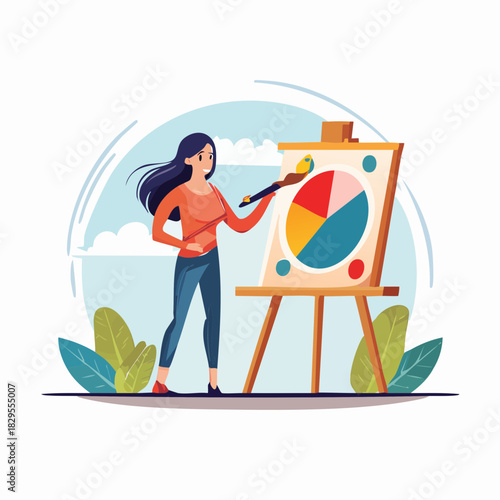 Personnage stylisé peignant sur une toile en vectoriel