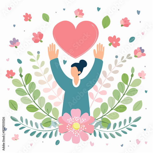 une femme au milieu des fleur et soulevant un cœur symbole de reconnaissance et d'émotion positive