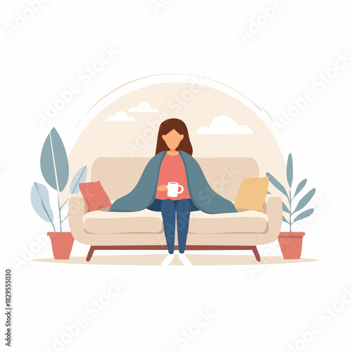 une femme sur un canapé lors d'un moment cosy et de repos intérieur