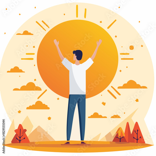 Personnage stylisé accueillant le soleil et symbolisant l’optimisme