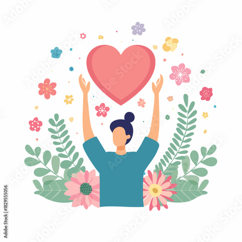 Personnage stylisé exprimant gratitude avec cœur et fleurs