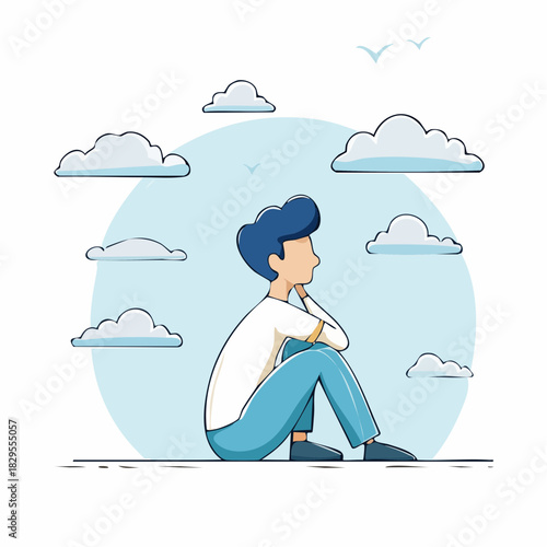 Personnage stylisé contemplant les nuages pour rêverie