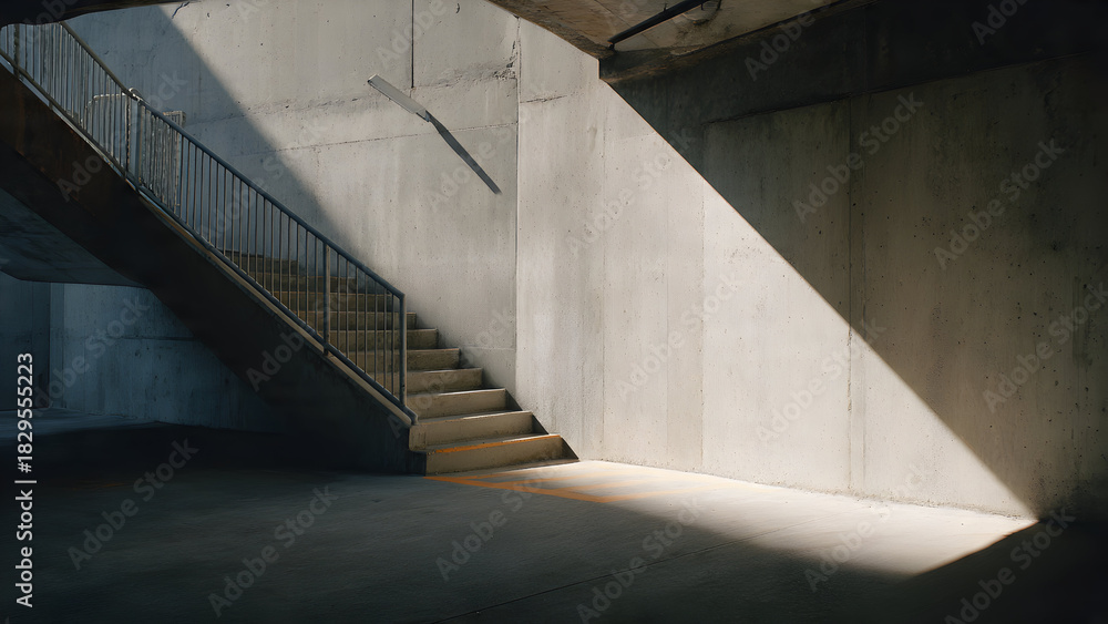 Obraz premium A minimal stair-access corner inside a parking structure featuring concrete textures and soft angled shadows