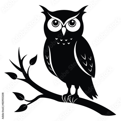 Silhouette of an owl perched on a tree branch features a striking monochrome appearance