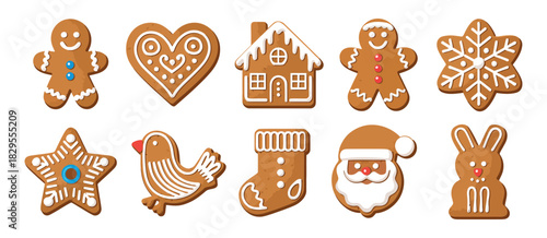 Christmas Gingerbread Cookies Set, Winter Homemade Xmas Sweets Cartoon Vector