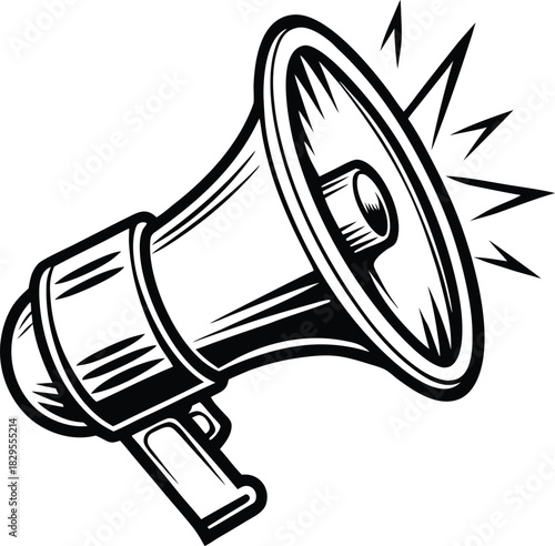 Vintage Monochrome Megaphone Icon with Lightning Bolts