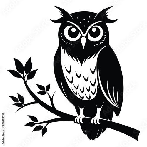 Black owl perched calmly upon a leafy branch in detailed monochromatic vector