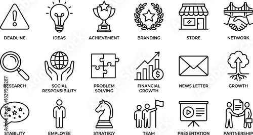 Business Management and Success Outline Icons Set Strategy, Team, Growth, Branding, Problem Solving, Social Responsibility, and Financial Network Vector Illustration.