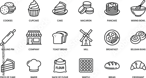 Bakery, Pastry, and Breakfast Outline Icons Set Cake, Cookies, Macaron, Pancake, Flour, Bread, Croissant, Rolling Pin, and Baking Tools Vector Illustration.