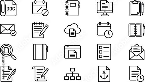 Document Management, Office, and Planning Outline Icons Set Note, File, Calendar, Email, Clipboard, Contract, Cloud Storage, and Business Organization Vector Illustration.