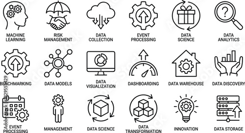 Data Science, Analytics, and Technology Outline Icons Set Machine Learning, Cloud, Risk Management, Data Warehouse, Benchmarking, and Innovation Vector Illustration.