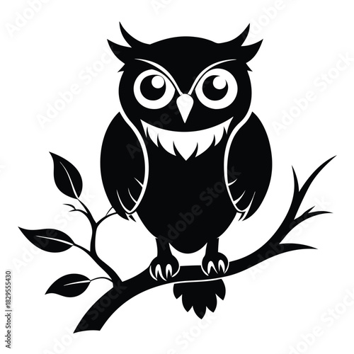 Black owl silhouette sits serenely on a tree branch with leaves peacefully