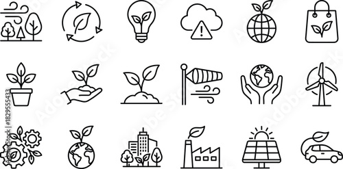 Ecology, Environment, and Green Energy Outline Icons Set Renewable, Sustainability, Nature, Planting, Windmill, Solar Panel, Eco Car, and Climate Protection Vector Illustration.