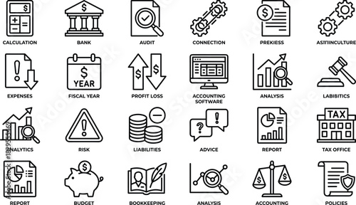 Finance, Accounting, and Business Analysis Outline Icons Set Calculation, Audit, Budget, Profit/Loss, Risk Management, Tax, and Financial Policy Vector Illustration.