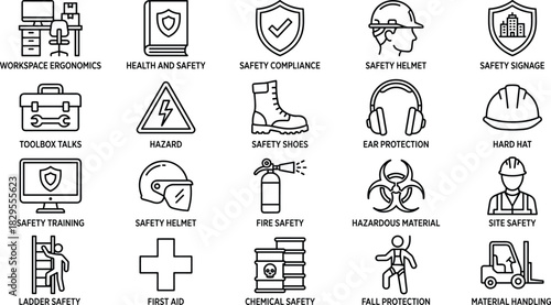 Occupational Health and Safety Outline Icons Set PPE, Fire, Chemical, Ladder, Safety Training, Hard Hat, First Aid, and Site Compliance Vector Illustration.