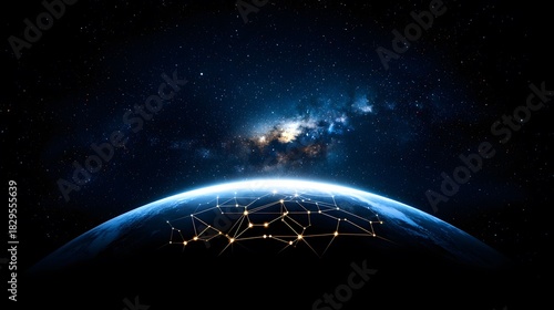 A digital illustration of the Earth with a network connecting it, set against a background of the Milky Way and numerous stars in deep, dark space.